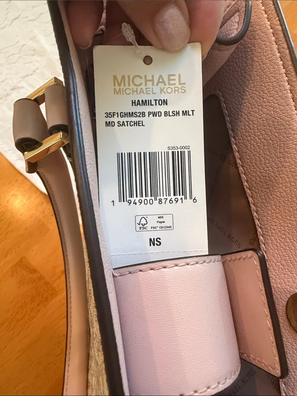 Michael Kors Beige MK Logo Satchel with Pink Trim and Gold Hardware